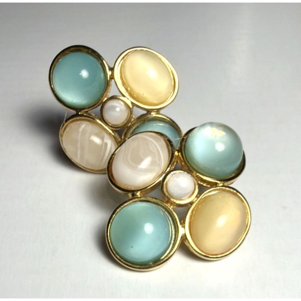 Vintage Signed TAT Pastel Cabochon Cluster Post Earrings 1980s